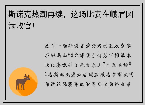 斯诺克热潮再续，这场比赛在峨眉圆满收官！